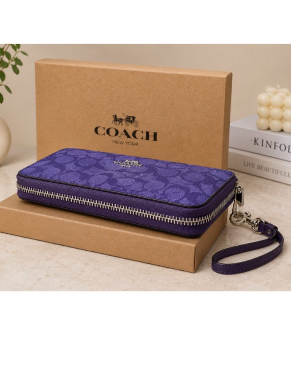 Coach Long Zip Around Wallet Purple Signature Canvas Wristlet C4452 NWT